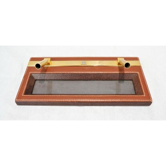 Vintage Mark Cross  Leather / Brass/ Silk Desk Pen holder 11" x 5"/ Italy - Picture 1 of 8